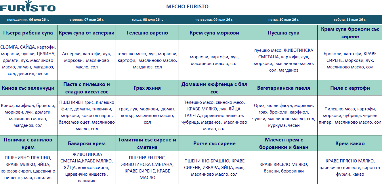 меню детска кухня с месо варна