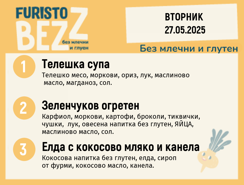 Меню без млечни и глутен  27.05 200гр.