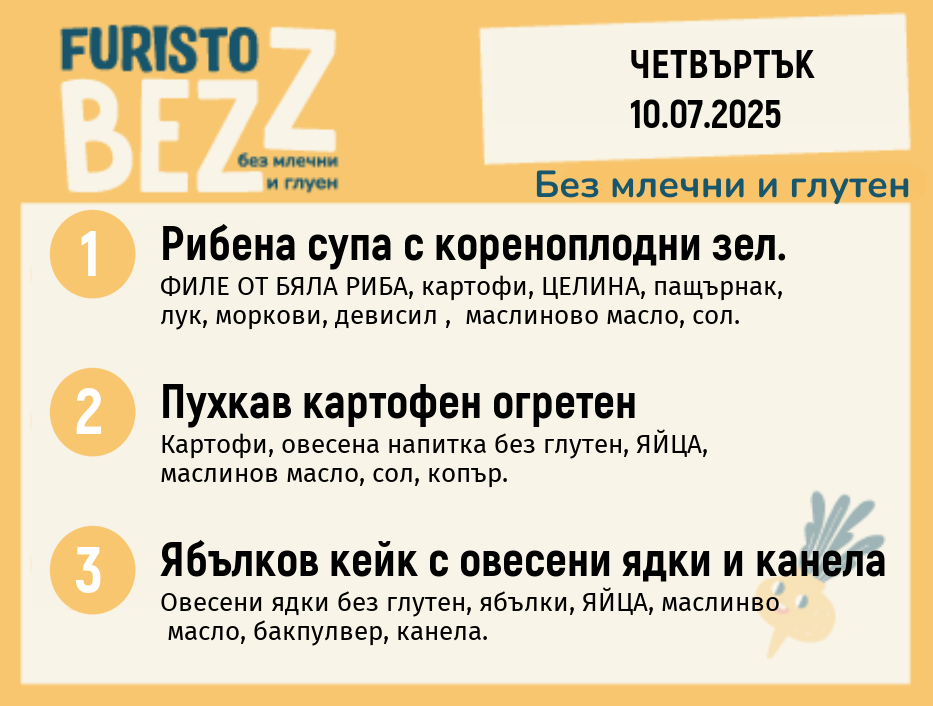 Меню без млечни и глутен  10.07  200гр. 