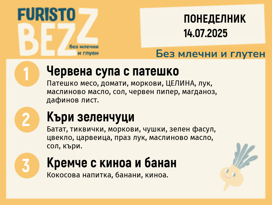 Меню без млечни и глутен  14.07 200гр. 