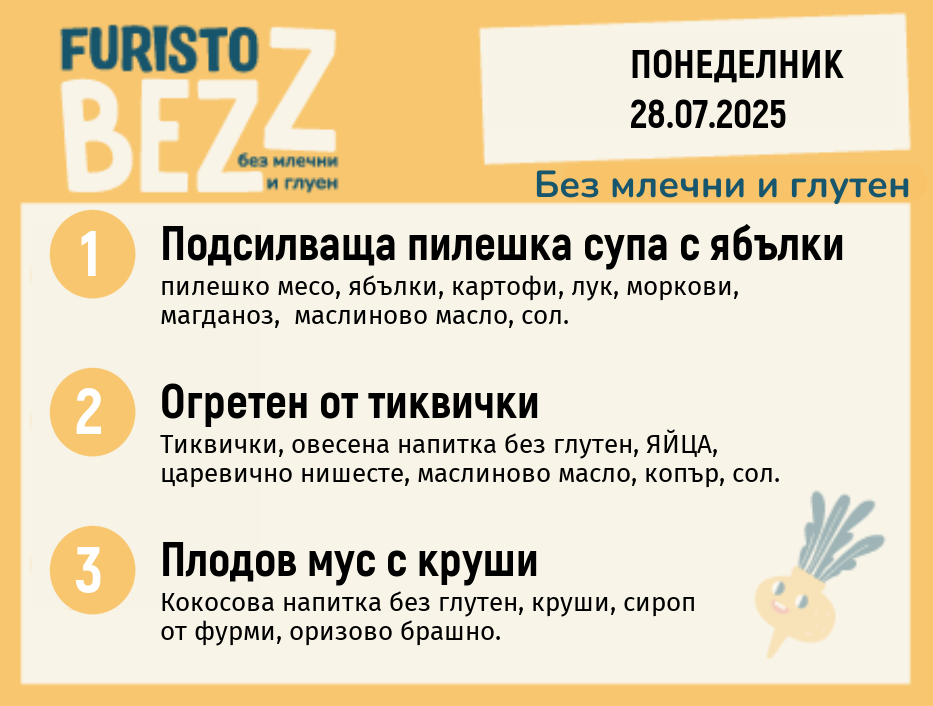 Меню без млечни и глутен  28.07 200гр.