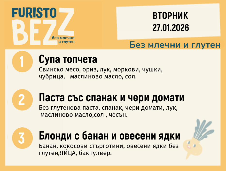 Меню без млечни и глутен 27.01 200гр.