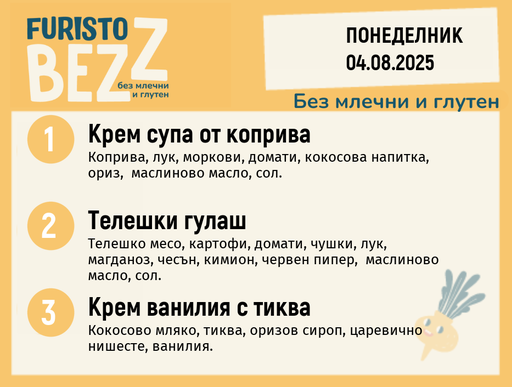 [DY.07.25.5863] Меню без млечни и глутен 04.08 200гр. 